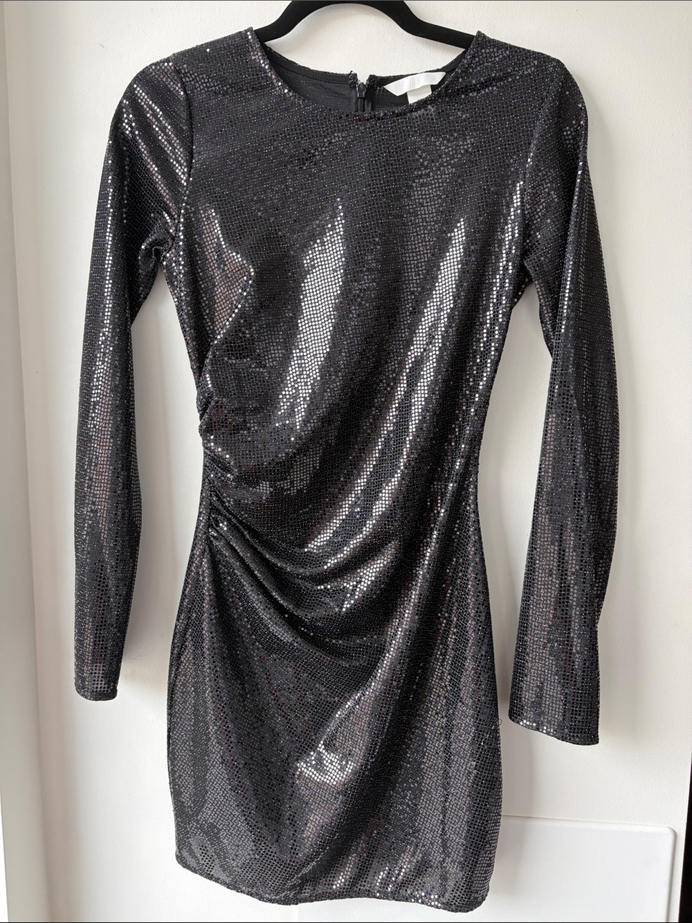 H&M Black Sequin Long-Sleeve Ruched Mini Dress